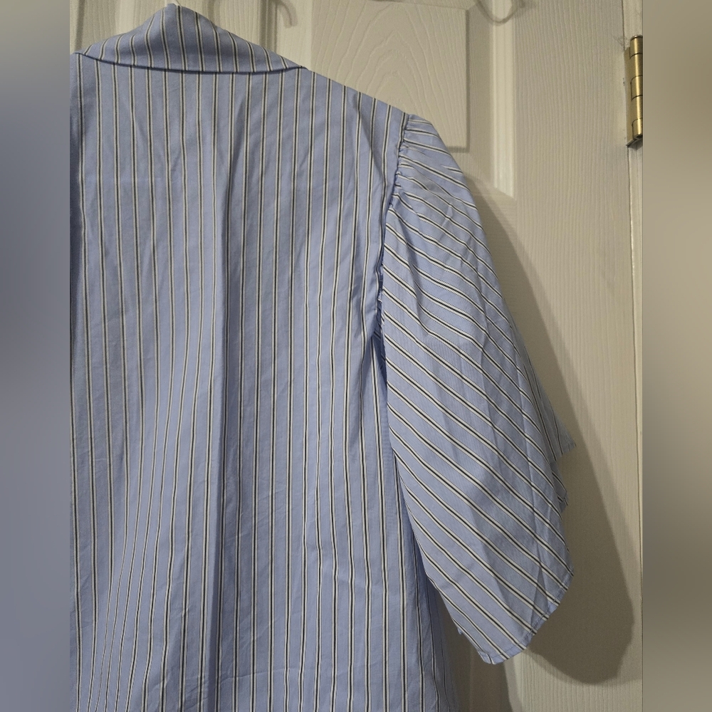 Boxy Striped Puff Sleeve Poplin Cotton Button Down Collared Preppy Top by Rain. - Picture 8 of 10